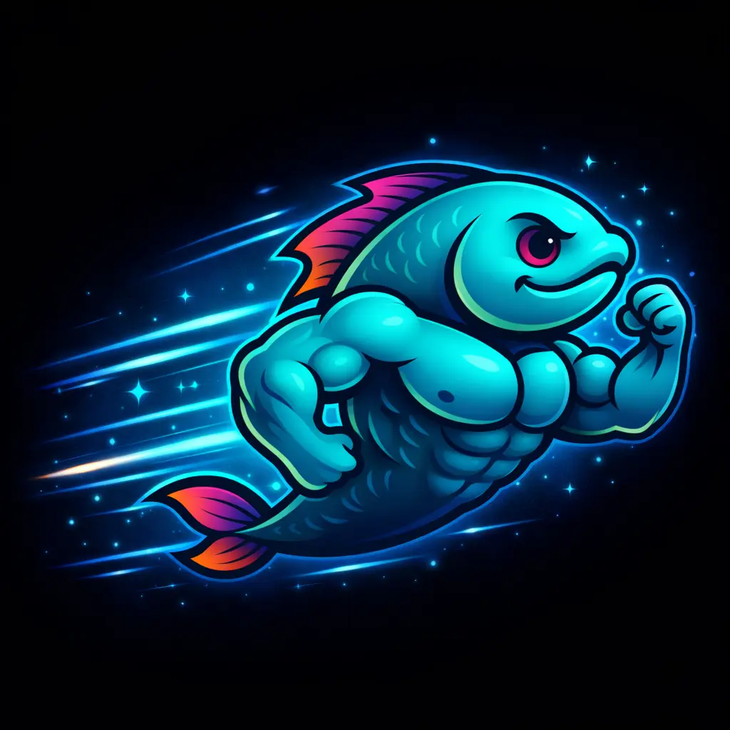 Guppy mascot beside abstract movement rings